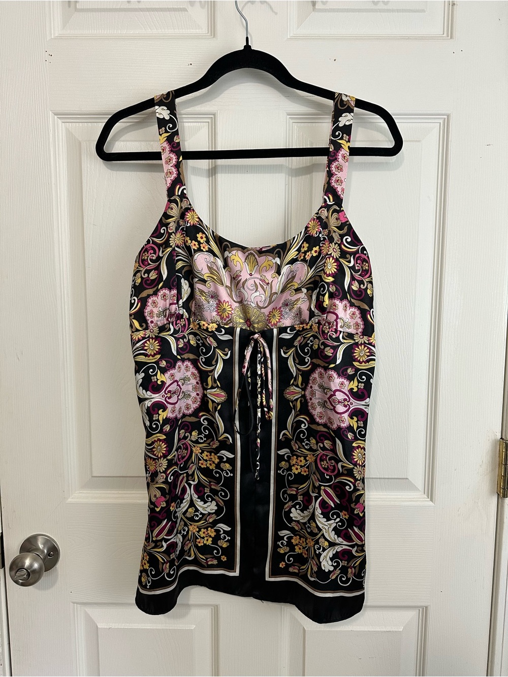 JohnPaulRichard Black Satin Tank with Pink and Gold Floral Motif